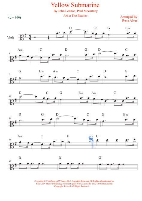 Yellow Submarine sheet music for viola solo (PDF .